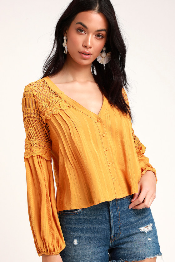 Boho Crochet Lace Top - Mustard Yellow Top - Long Sleeve Top - Lulus