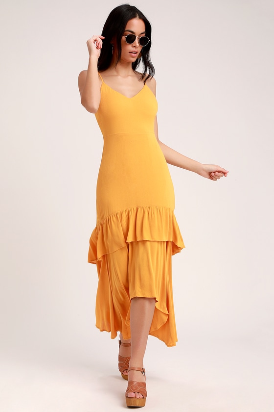 short mustard yellow sleeveless dress