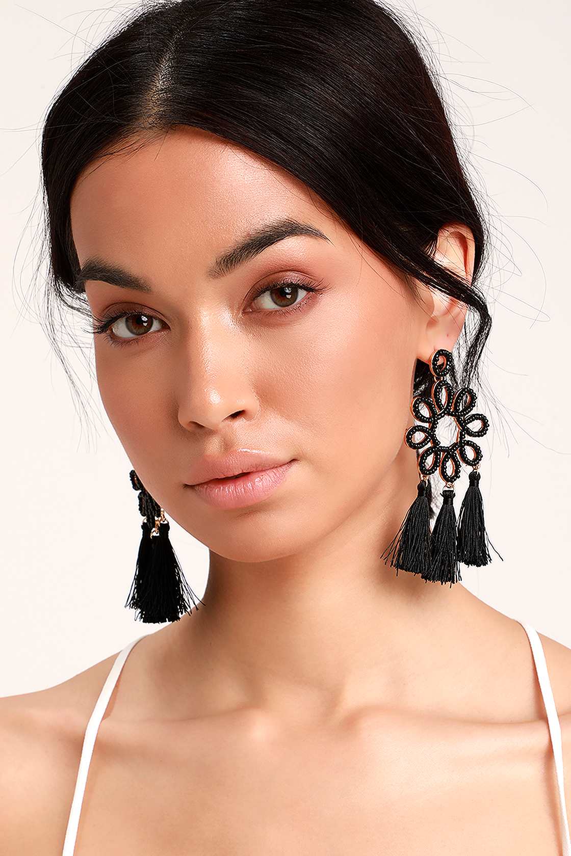 Pretty Black Earrings Beaded Earrings Tassel Earrings Lulus