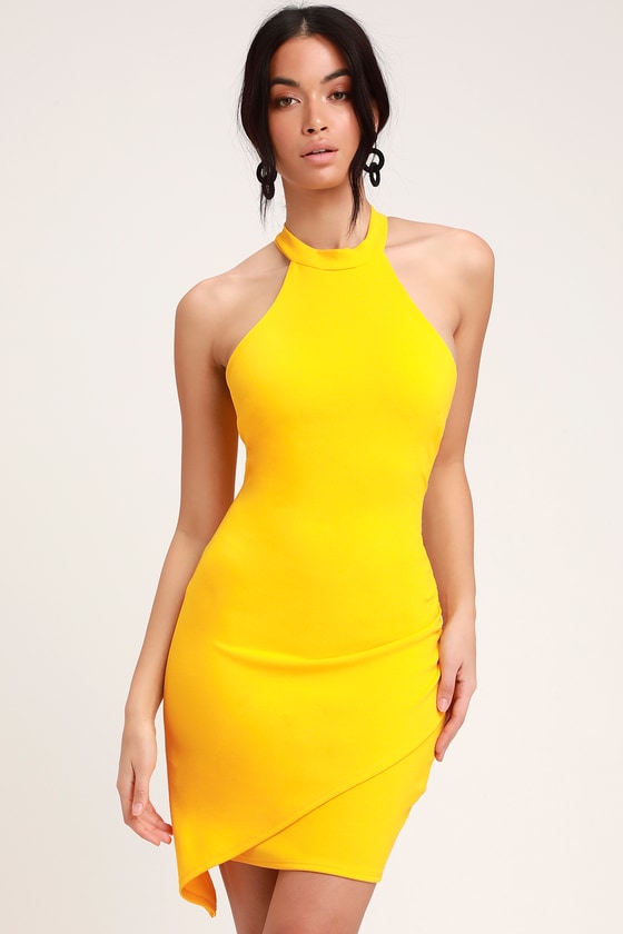 Sexy Yellow Dress - Ruched Dress - Bodycon Dress - Halter Dress - Lulus