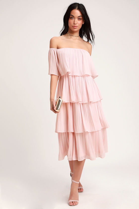 Chic Blush Pink Dress Midi Dress OTS Dress Ruffle Dress Lulus
