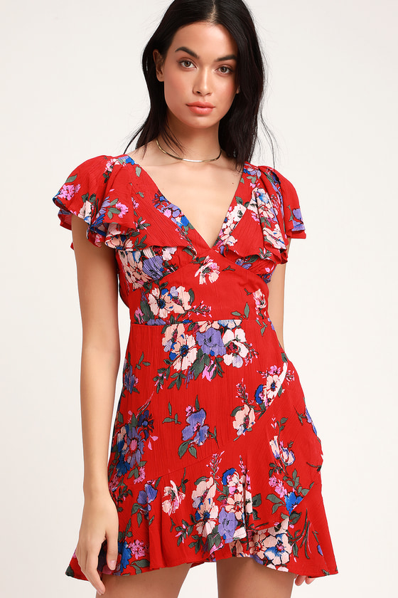 Band of Gypsies Maldives - Red Floral Print Dress - Ruffled Dress - Lulus