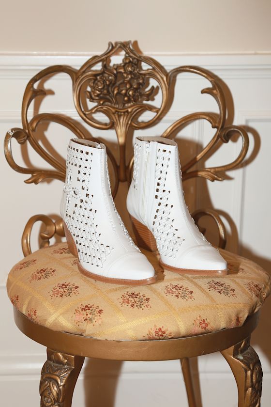 Bello White Leather Woven Pointed Toe Booties 5