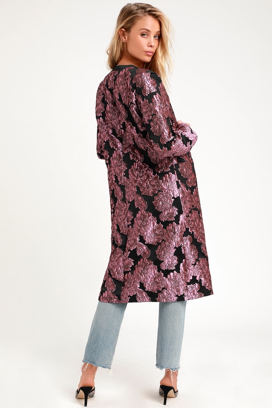 Mayia Black and Purple Jacquard Floral Print Long Jacket