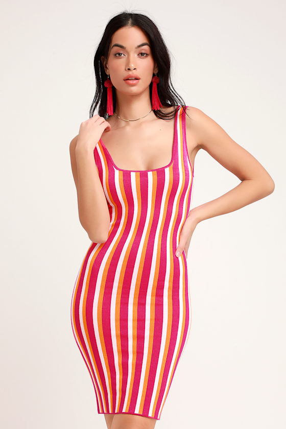 Nayeli Hot Pink Multi Striped Sleeveless Bodycon Sweater Dress 3