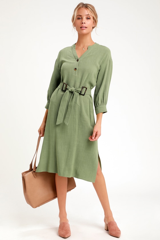 Chic Sage Green Dress - Midi Dress - Belted Midi Shift Dress - Lulus