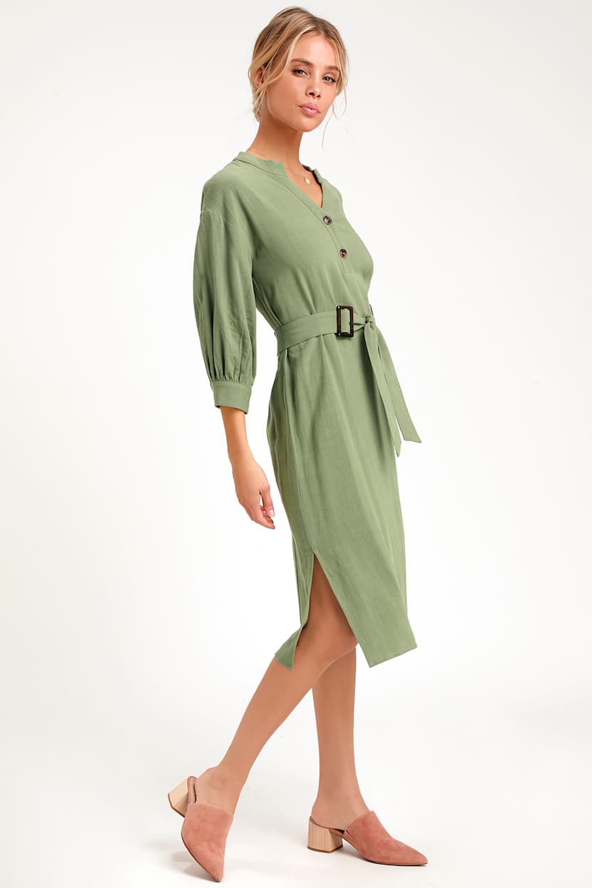 sage green shift dress Chic - Midi Dress - Belted Midi Dress Sweep Train Prom Dress