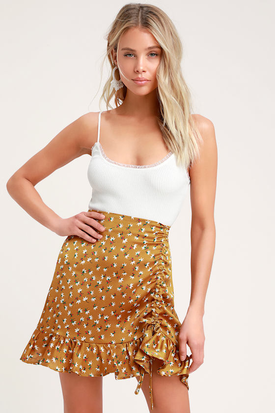 Pondering Petals Mustard Yellow Floral Print Ruched Mini Skirt 3