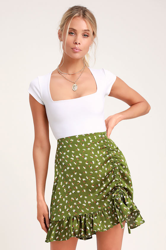 Green Floral Print Skirt Ruched Skirt Ruched Mini Skirt Lulus