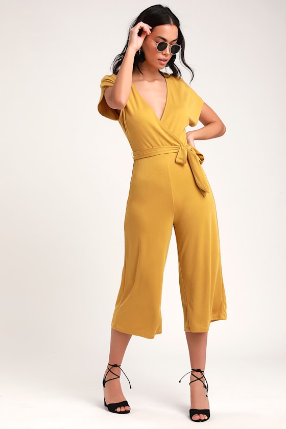 Cute Mustard Jumpsuit Surplice Jumpsuit Jersey Knit Jumpsuit Lulus