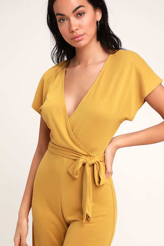 Weekend-Worthy Mustard Yellow Surplice Culotte Jumpsuit 4