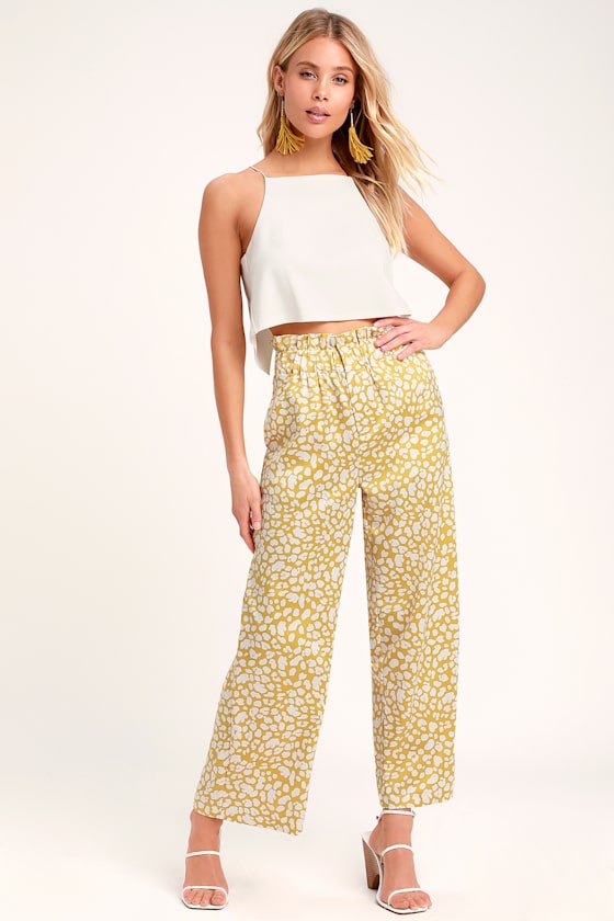 Vivid Vision Mustard Yellow Print Satin Culotte Pants 2