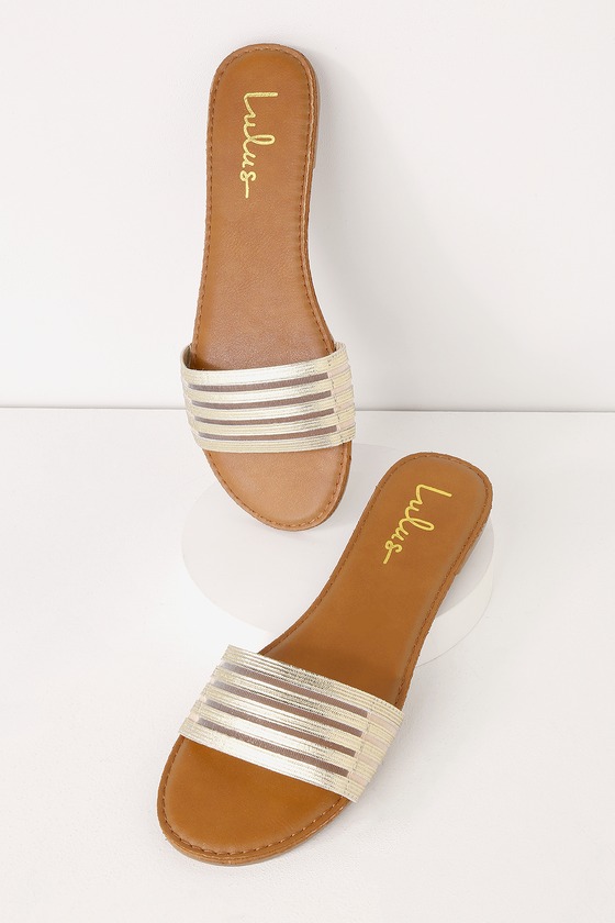 gold flat slide sandals