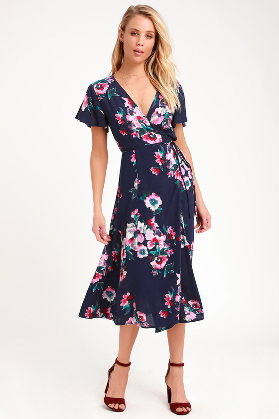 Cute Navy Blue Dress - Floral Print Dress - Floral Wrap Dress - Lulus