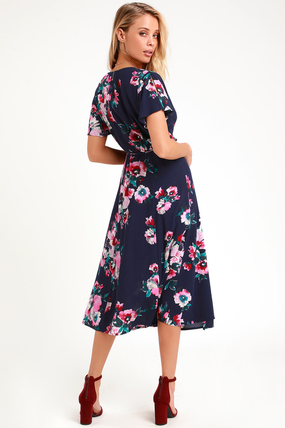 Navy Blue Floral Print Dress - Blue Midi Dress - Midi Wrap Dress - Lulus