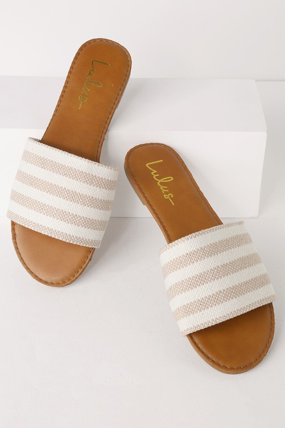 Cute Tan Slides - Striped Slide Sandals 