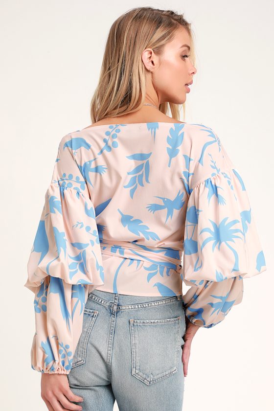 Pretty in Paradise Blush and Blue Print Puff Sleeve Wrap Top 2