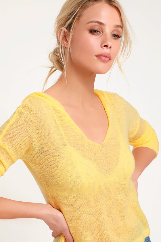 Cute Yellow Sweater Hooded Sweater Top Cropped Sweater Top Lulus