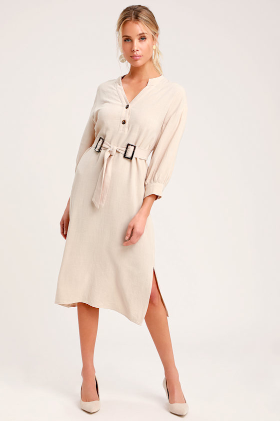 Chic Beige Dress - Shift Midi Dress - Midi Shift Dress - Lulus