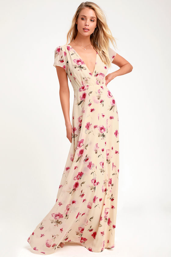 Gift of Love Cream Floral Print Short Sleeve Maxi Dress 1