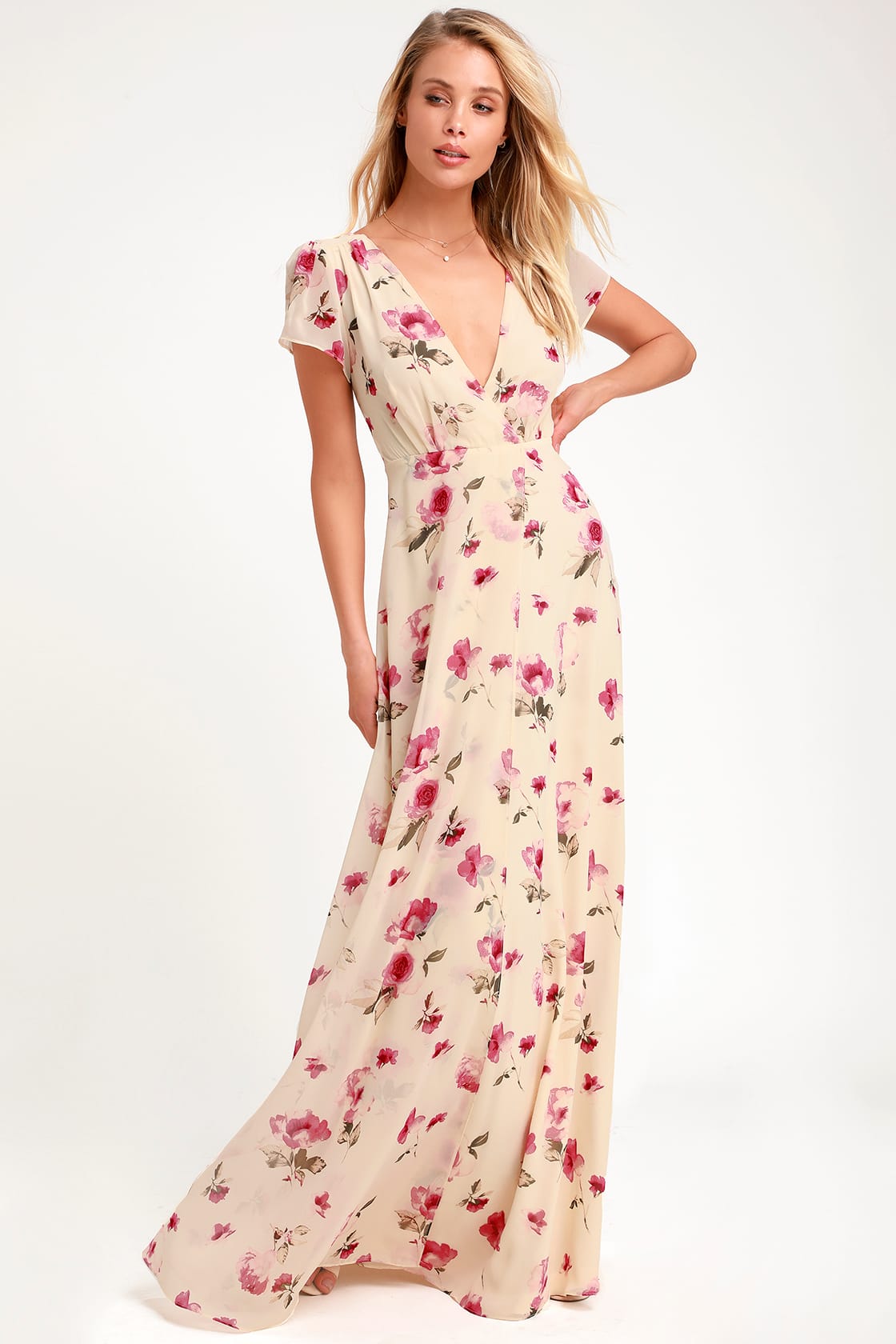 Lovely Cream Floral Print Dress - Maxi Dress - Short Sleeve Dress - Lulus