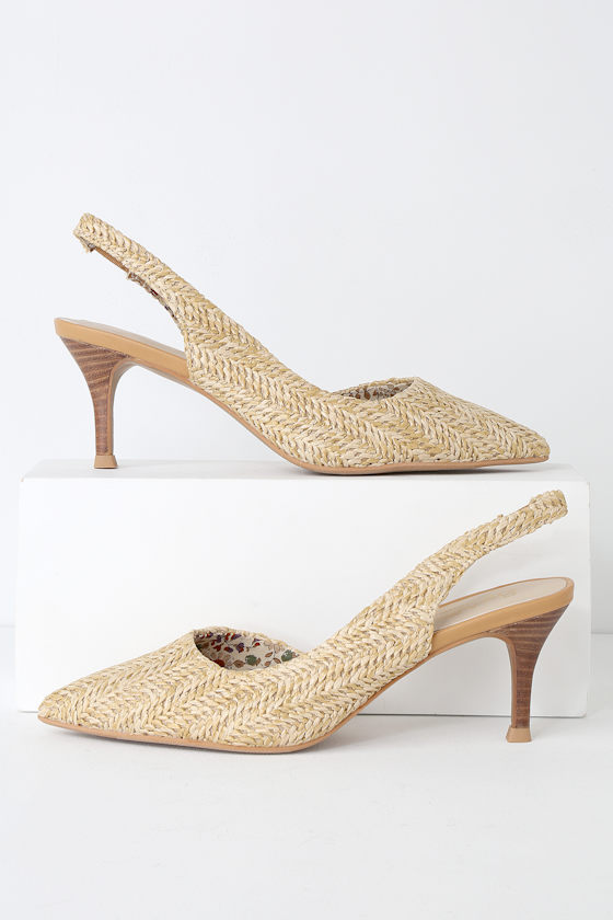Ornament Natural Raffia Pointed-Toe Slingback Pumps 2