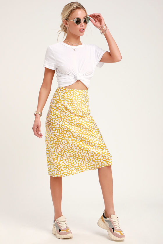 Elisa Mustard Yellow Print Satin Midi Skirt 1
