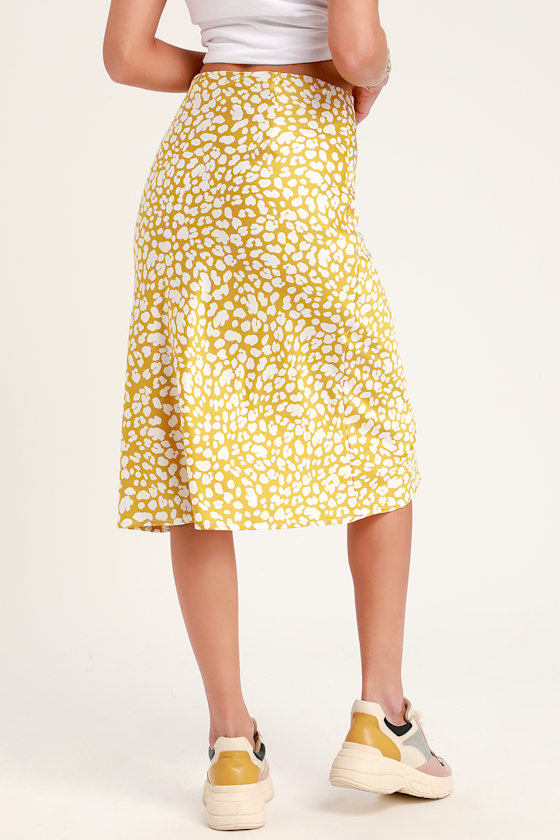Elisa Mustard Yellow Print Satin Midi Skirt 2