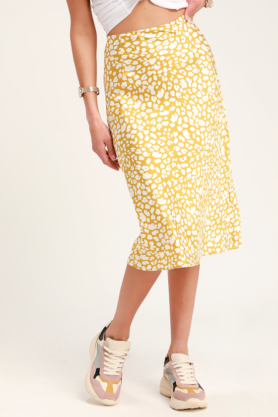 Sleek Mustard Yellow Skirt Satin Midi Skirt Print Skirt