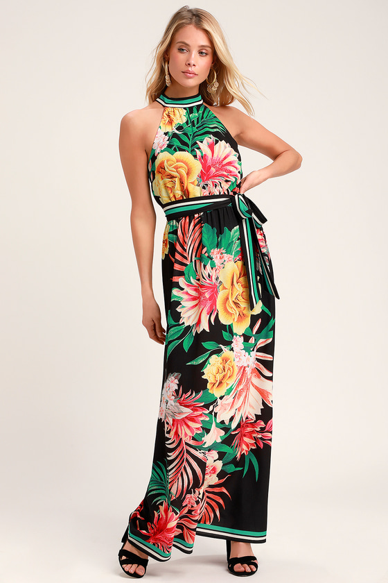 Tropic of Conversation Black Tropical Print Halter Maxi Dress