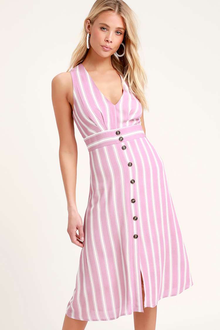knee length dresses for ladies Pink Striped Cotton Midi Dress