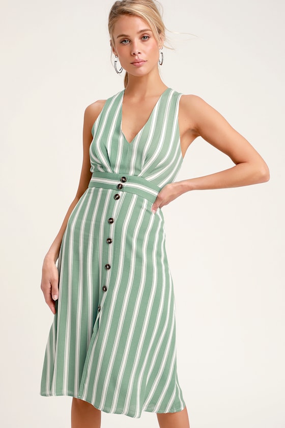 Jacqui Sage Green and White Striped Button Front Midi Dress 1