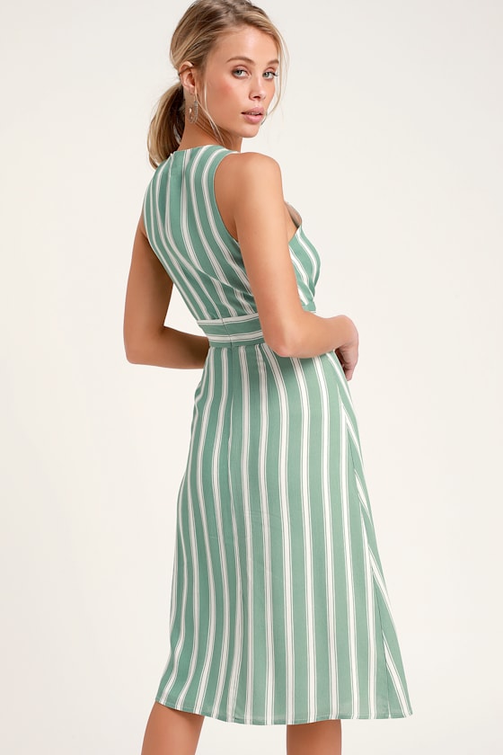 Jacqui Sage Green and White Striped Button Front Midi Dress 2