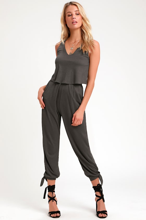 Cute Charcoal Grey Jumpsuit Sleeveless Jumpsuit Jumpsuit Lulus