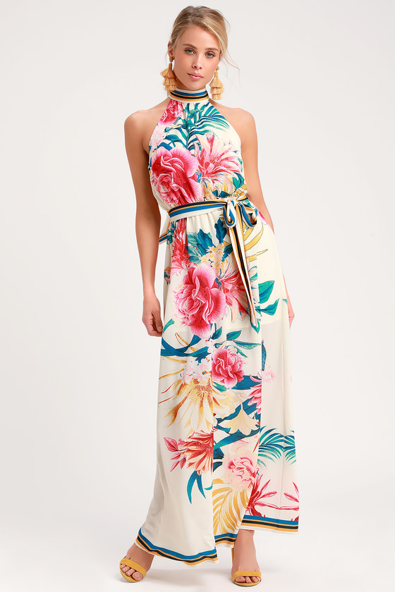 Lovely Cream Tropical Print Dress - Halter Dress - Maxi Dress - Lulus