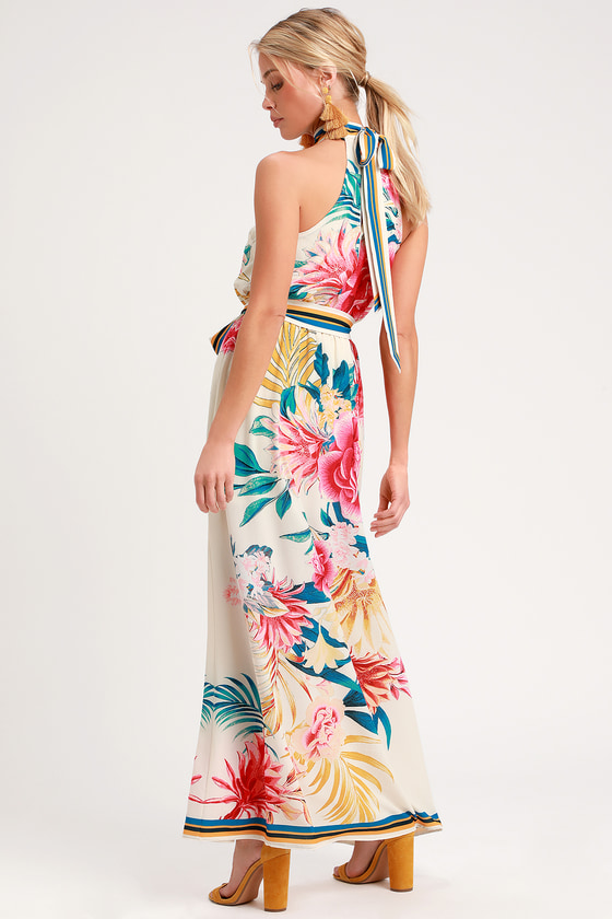 Lovely Cream Tropical Print Dress - Halter Dress - Maxi Dress - Lulus