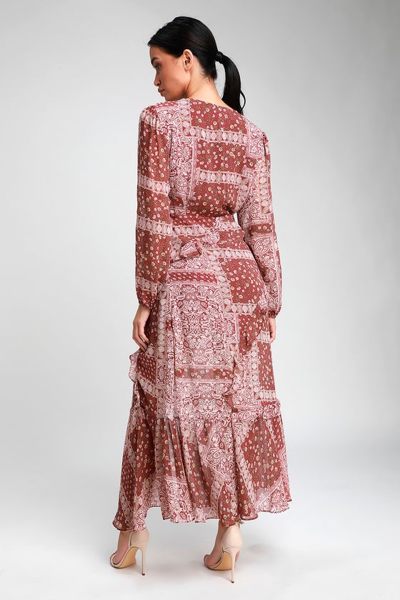 Field of Flowers Rust Red Multi Print Long Sleeve Maxi Dress 4
