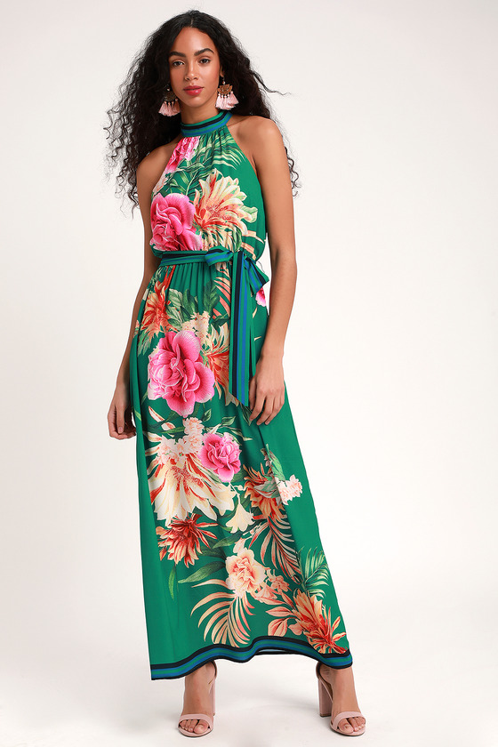 Lovely Green Tropical Print Dress - Halter Dress - Maxi Dress - Lulus