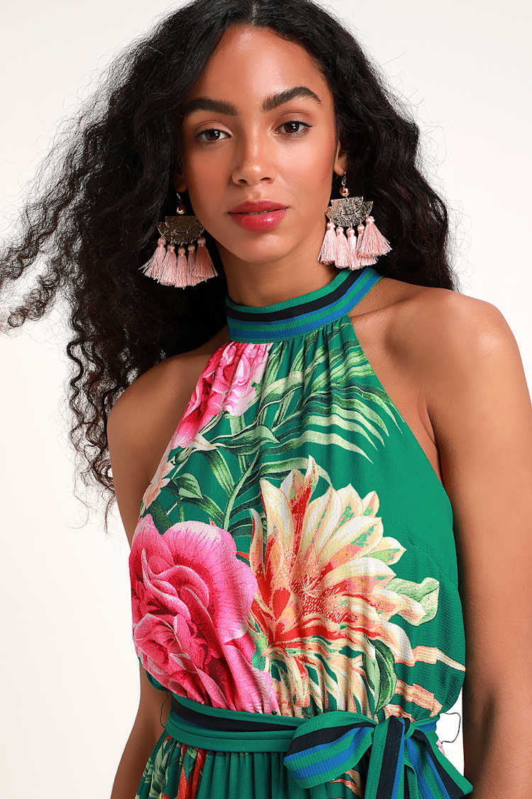 Lovely Green Tropical Print Dress - Halter Dress - Maxi Dress - Lulus