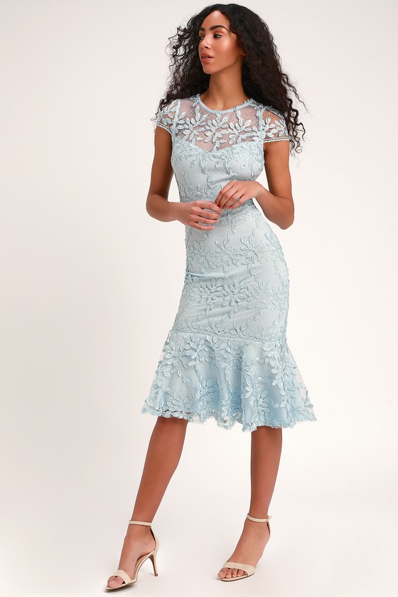 Lovingly Yours Light Blue Embroidered Midi Trumpet Dress
