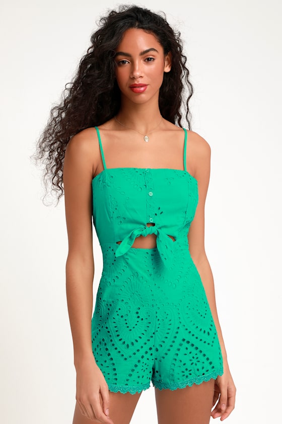 Cute Green Romper Eyelet Lace Romper TieFront Romper Lulus