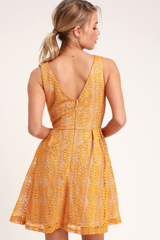 Mustard Yellow Dress Skater Dress Lace Dress Party Dress