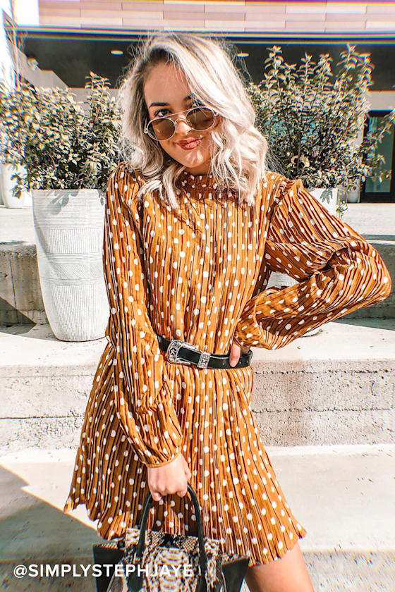 Pleat to Meet You Mustard Polka Dot Long Sleeve Shift Dress 4