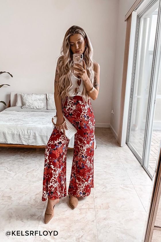 red floral pants