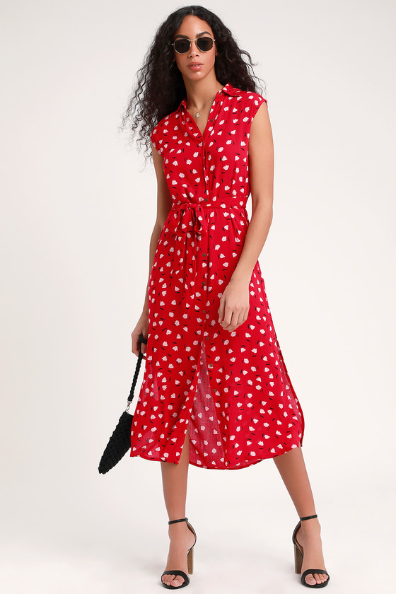 red button down midi dress