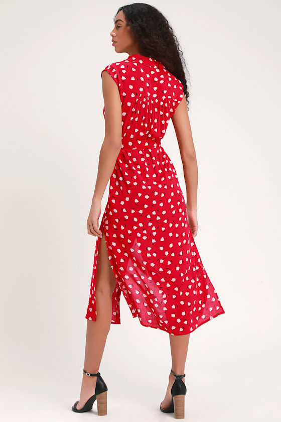 Little Flirt Red Floral Print Button Down Midi Dress 3