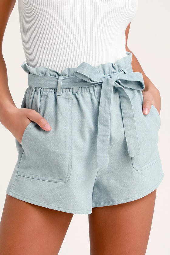 Rhythm Harper Blue Chambray Shorts Paper Bag Waist Shorts Lulus