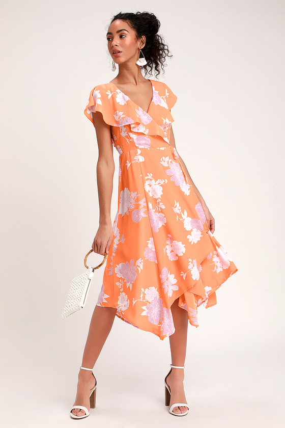 Garden of Joy Light Orange Floral Print Ruffled Wrap Dress