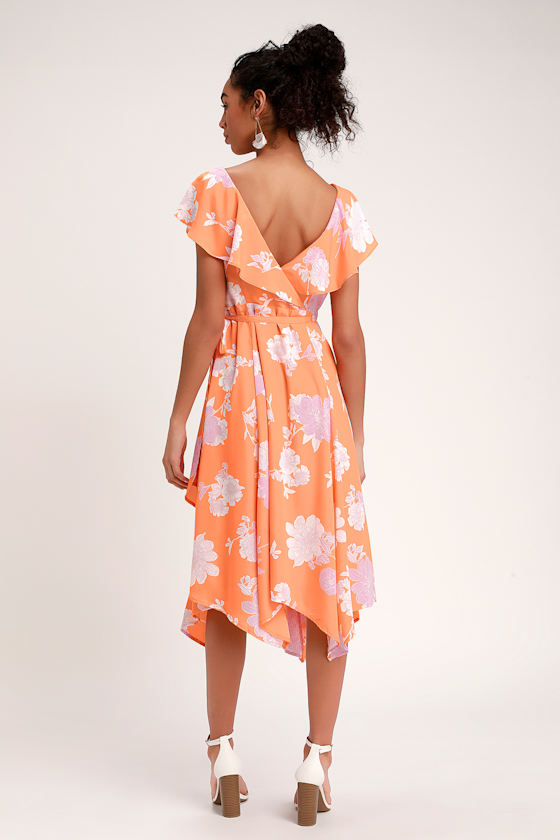 Garden of Joy Light Orange Floral Print Ruffled Wrap Dress 2