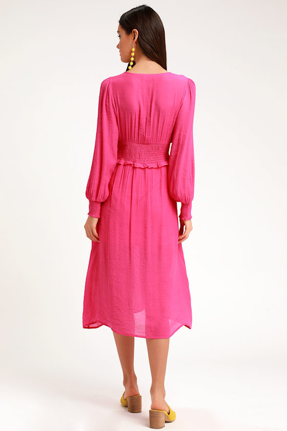 Bright Pink Dress Midi Dress Casual Dress Long Sleeve Dress Lulus